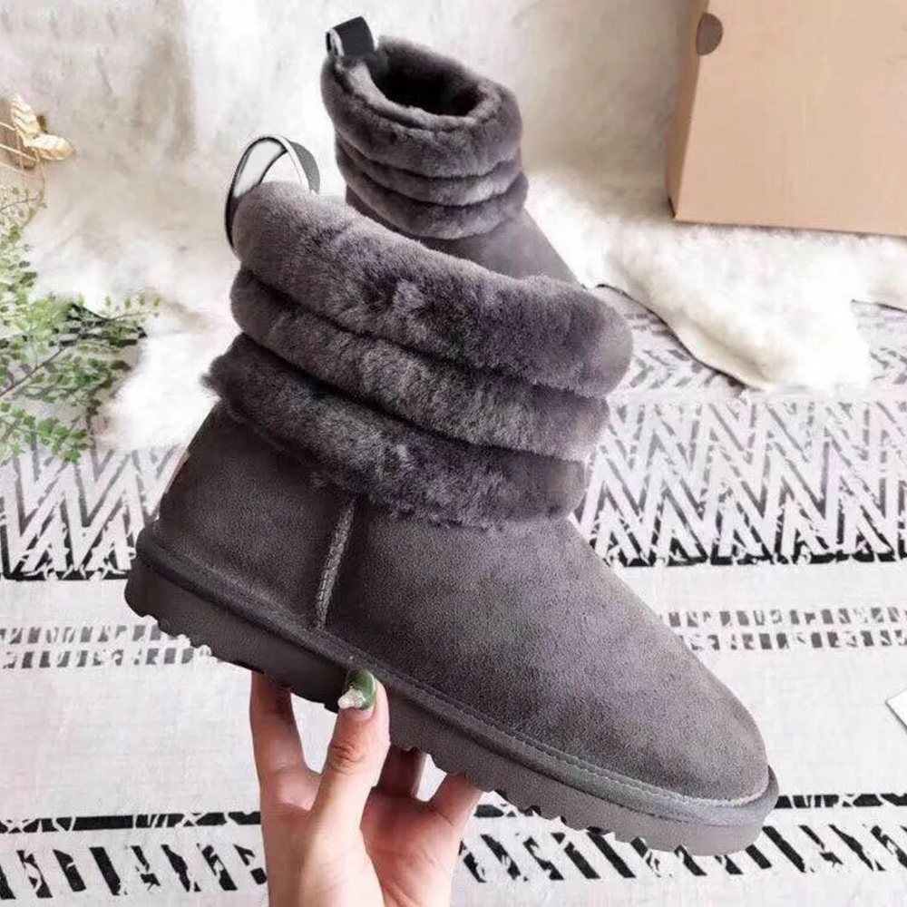 ugg  classic mini fluff quilted short boot in charcoal, size 7